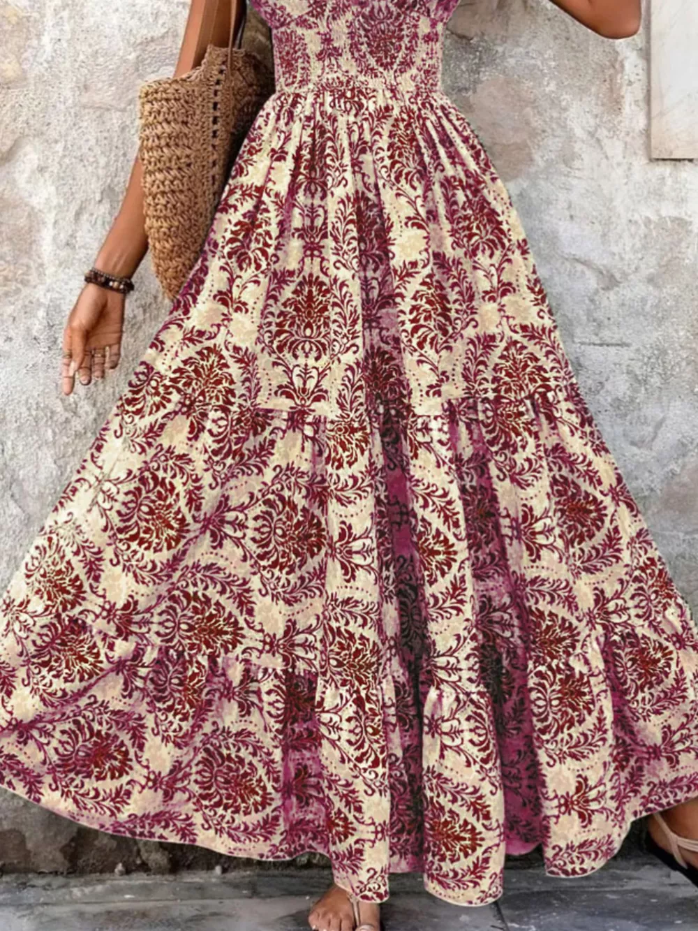 Full Size Printed V-Neck Tiered Maxi Dress Plus Size, image 13