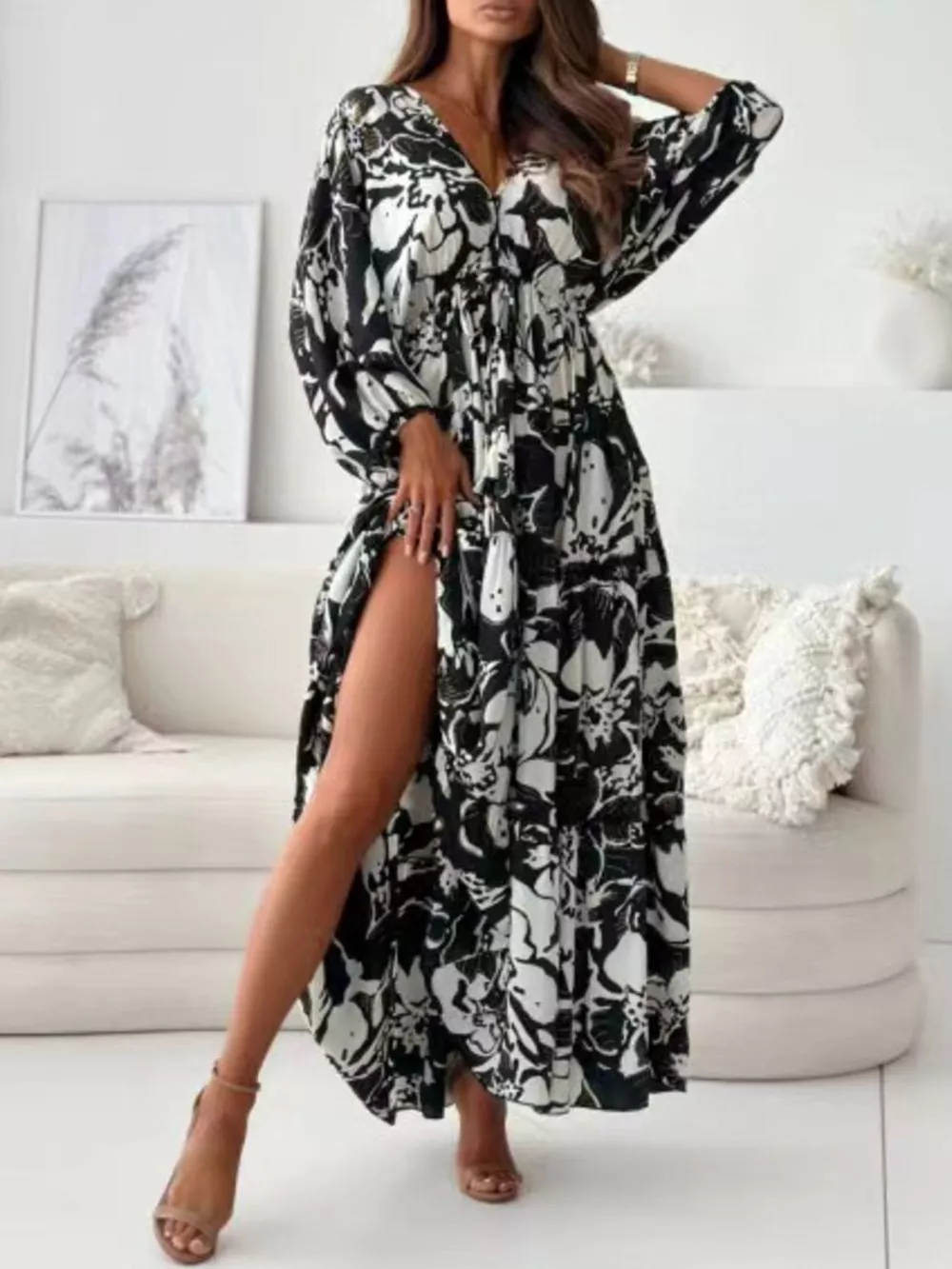 Printed V-Neck Balloon Sleeve Slit Maxi Dress, image 2