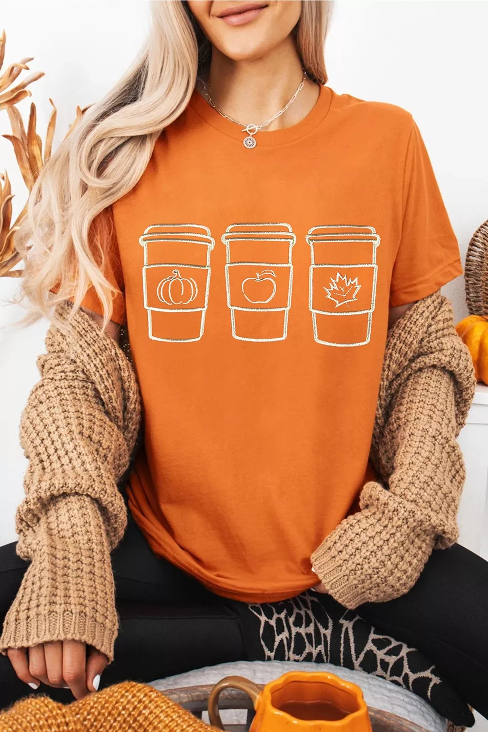 Embroidered Fall Drinks Round Neck Tee, image 4