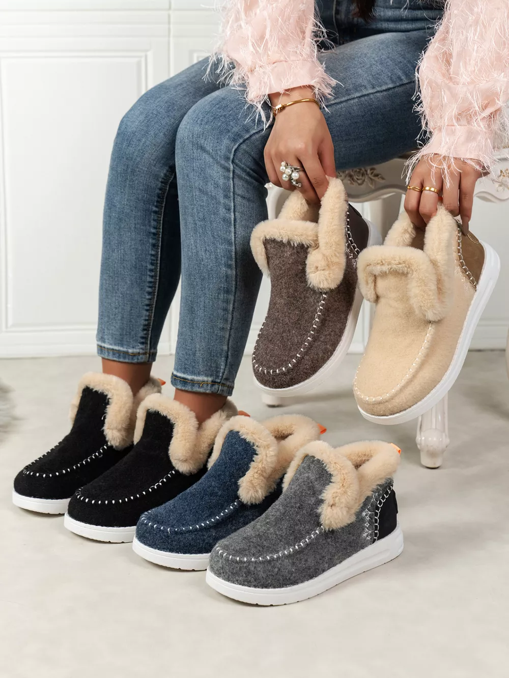Furry Suede Round Toe Flat Sneakers, image 2