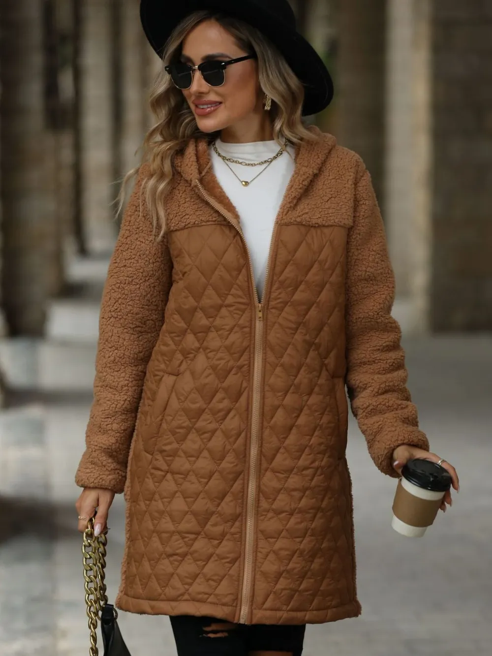 Texture Zip Up Long Sleeve Hooded Coat, image 4