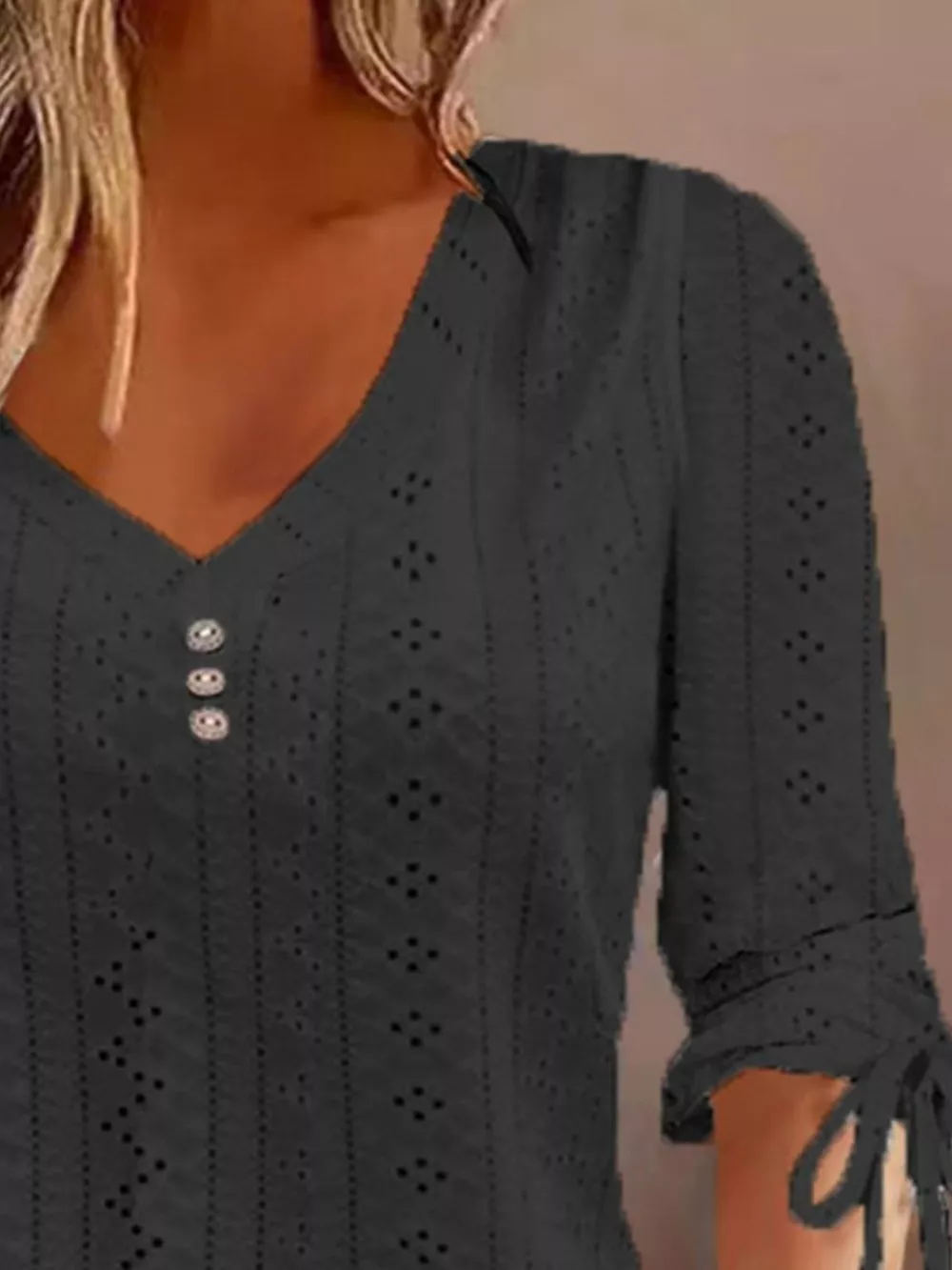 Full Size V-Neck Eyelet Drawstring Sleeve Top Plus Size, image 6