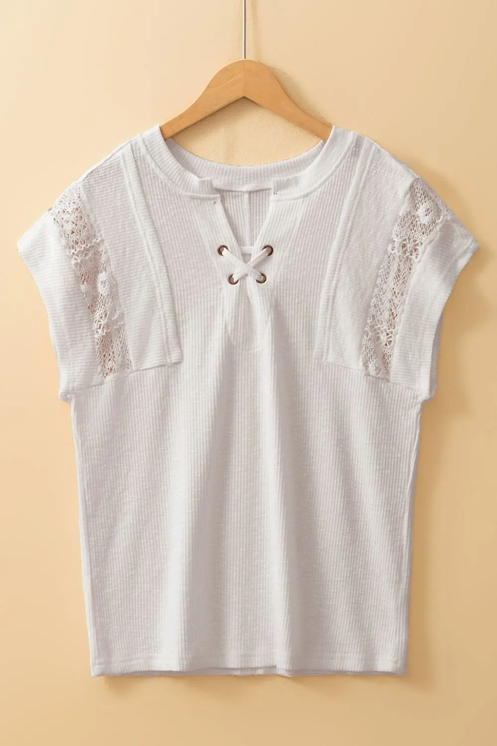 Ribbed Texture Lace Patchwork Short Sleeve Top, image 2