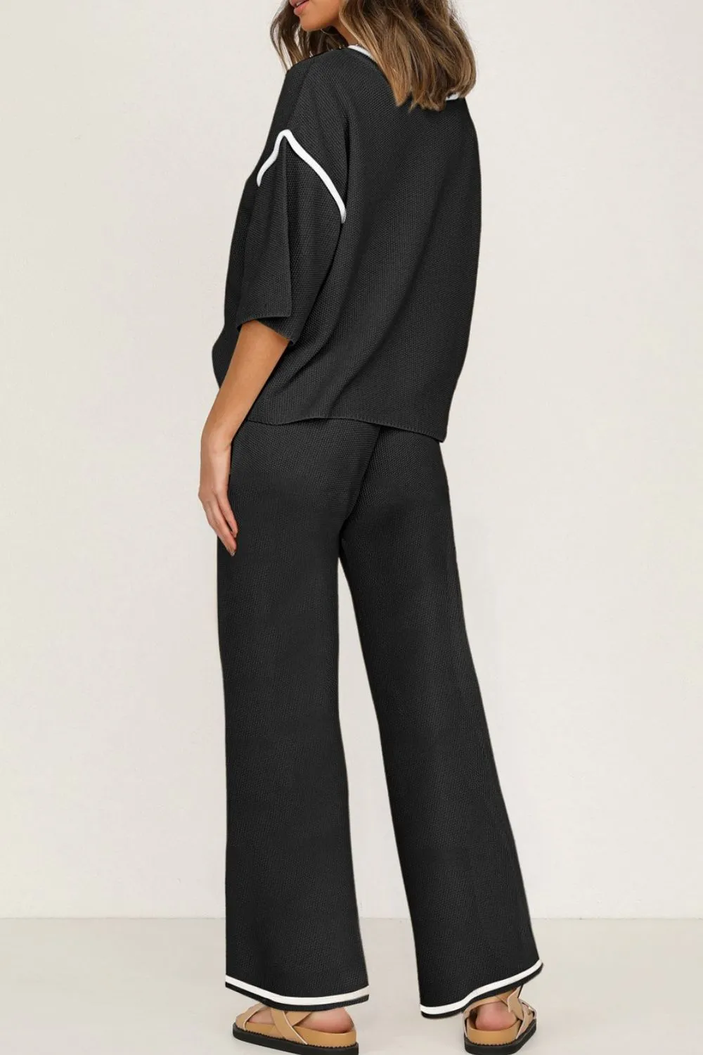 Contrast Trim Round Neck Top and Pants Set, image 4