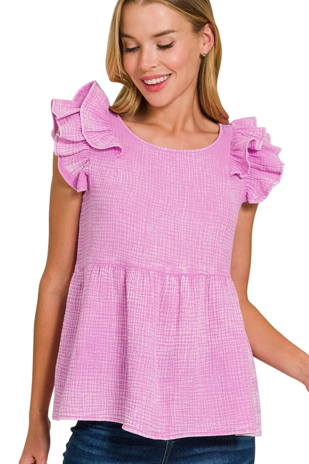Double Gauze Acid Washed Tiered Ruffle Peplum Top