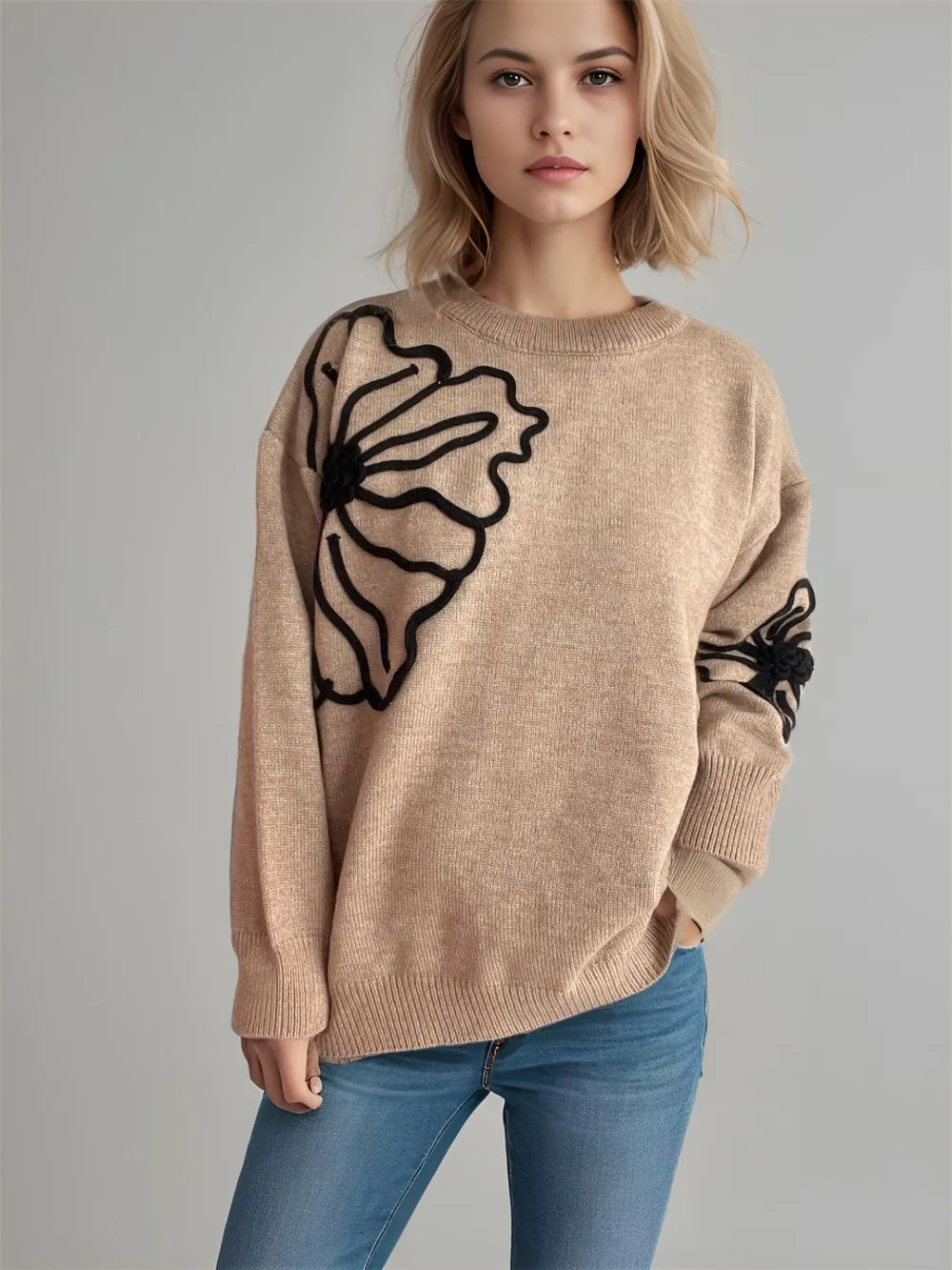Flower Round Neck Long Sleeve Sweater, image 10