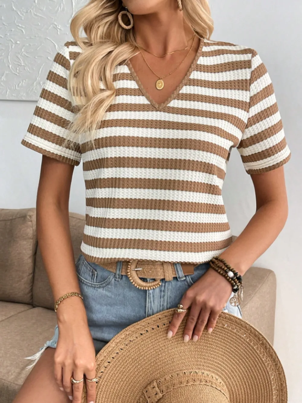 Striped V-Neck Short Sleeve T-Shirt