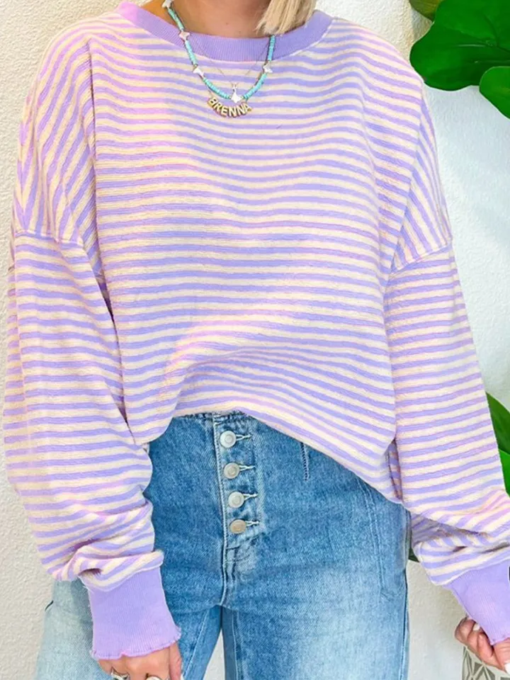 Striped Round Neck Long Sleeve Sweatshirt, image 2