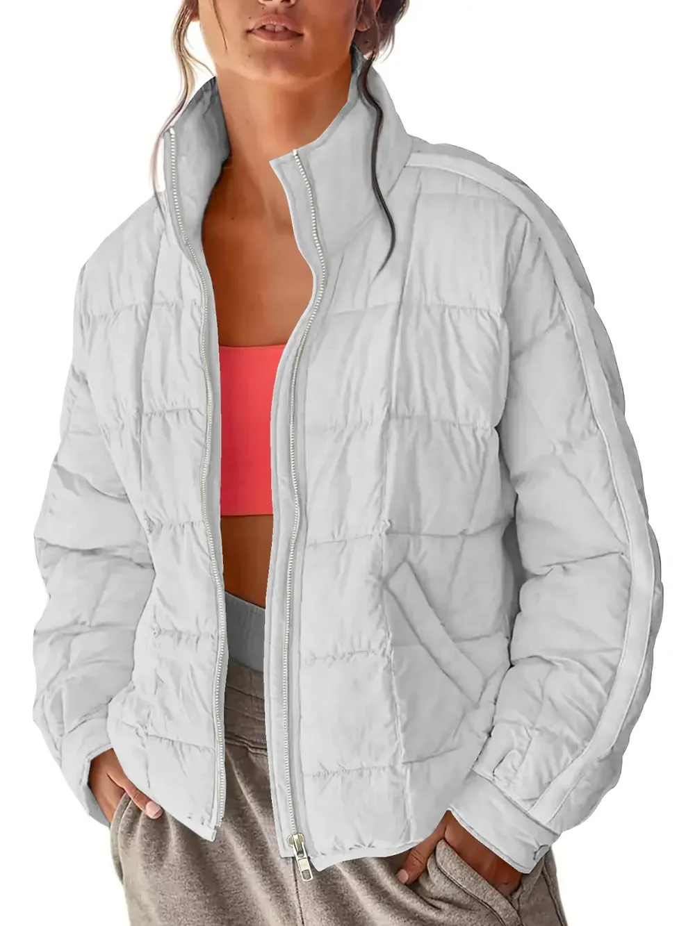 Pocketed Plaid Quilted Zip Up Winter Coat, image 18