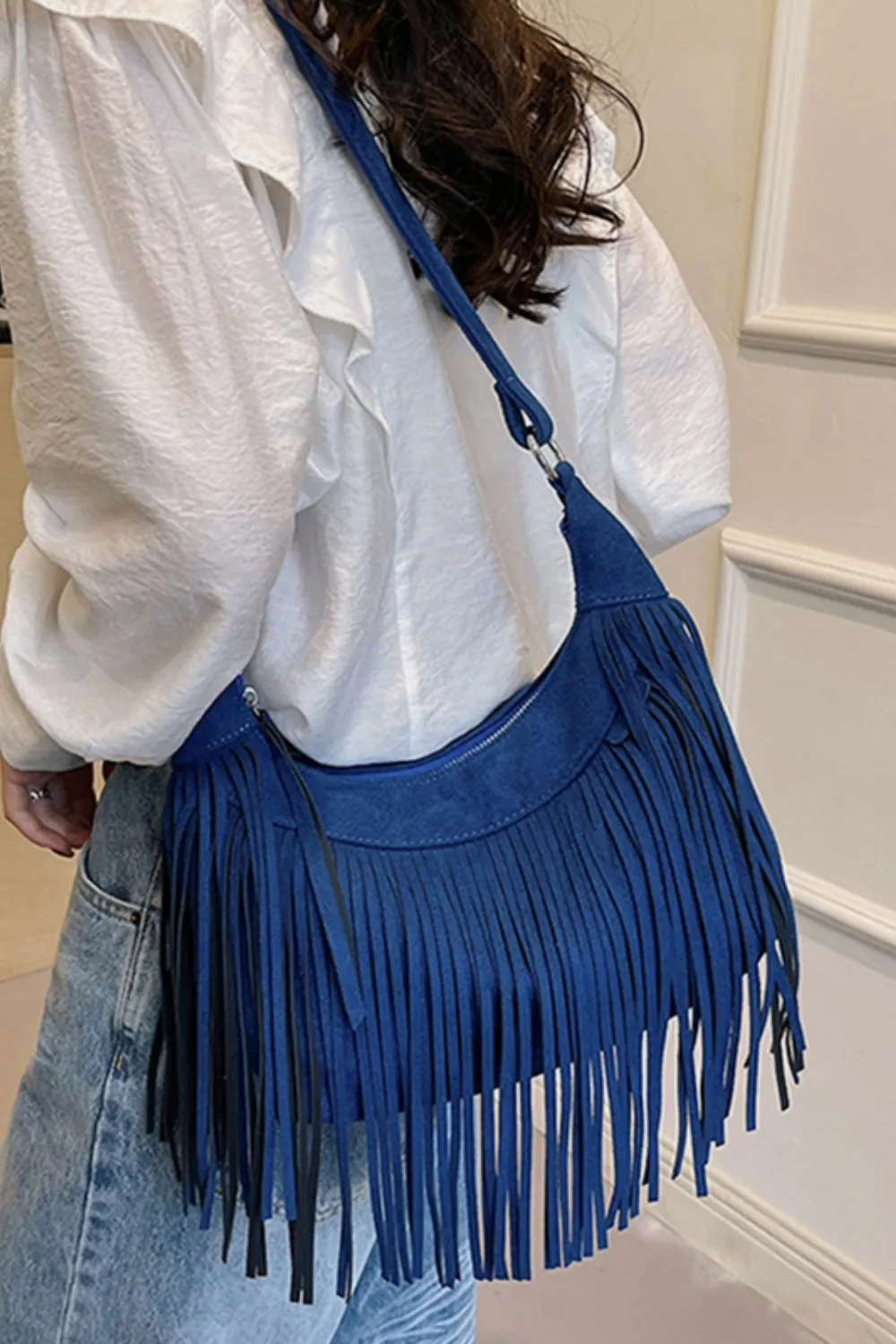 Suede Fringe Adjustable Strap Shoulder Bag, image 4