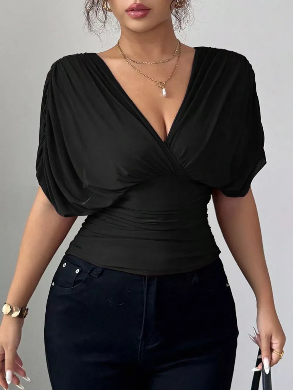 Ruched Surplice Short Sleeve Top, image 3