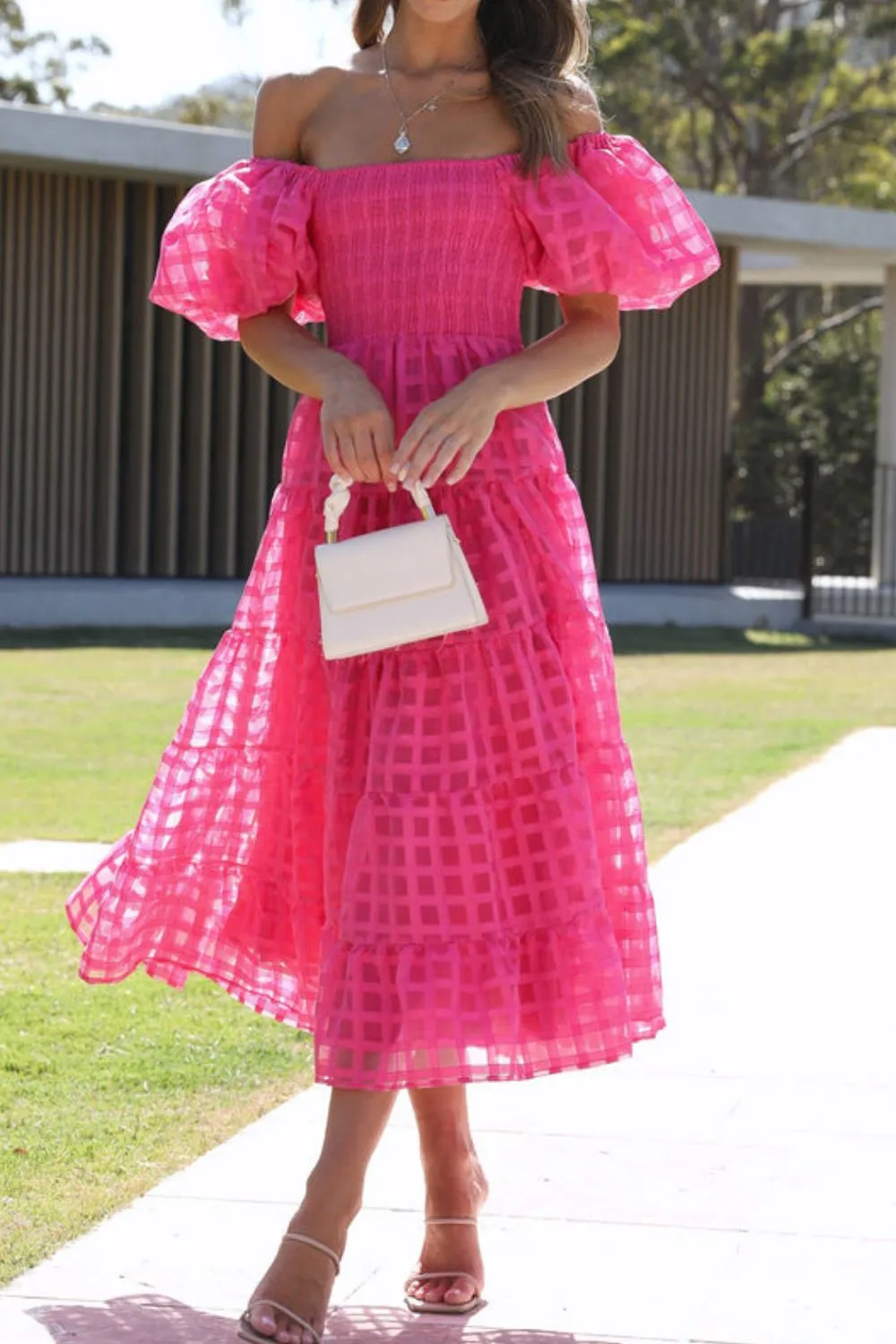Off Shoulder Short Puff Sleeve Midi Dress, image 4