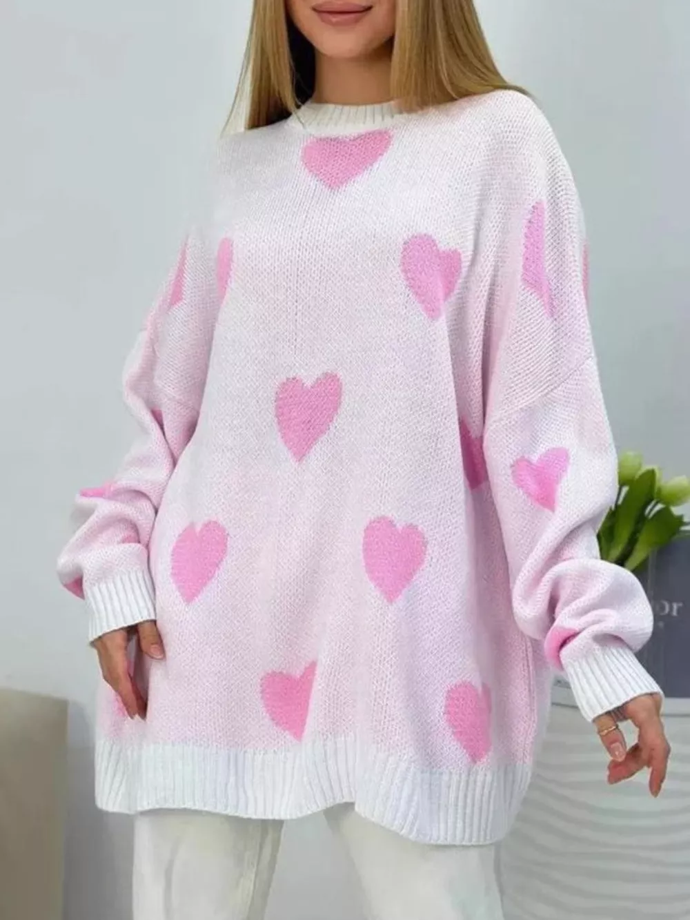 Heart Round Neck Oversized Knit Sweater, image 2