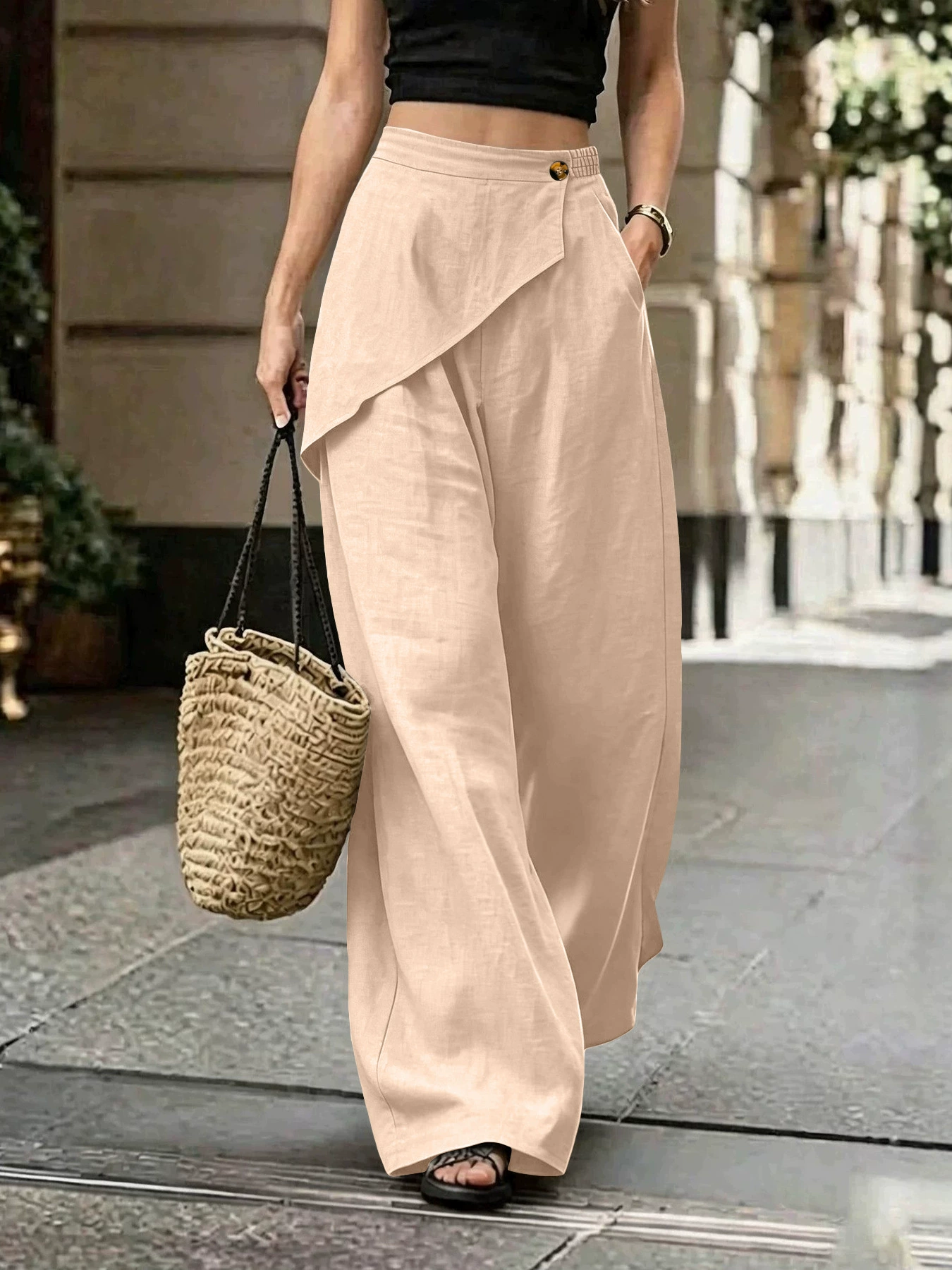 Asymmetrical Wrap Wide-Leg Pants
