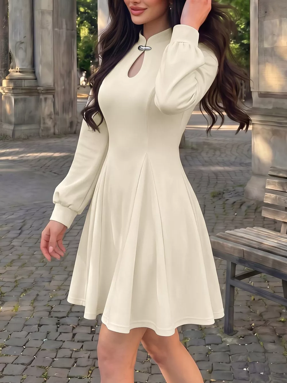 Keyhole Neckline Long Sleeve A-Line Mini Dress, image 2