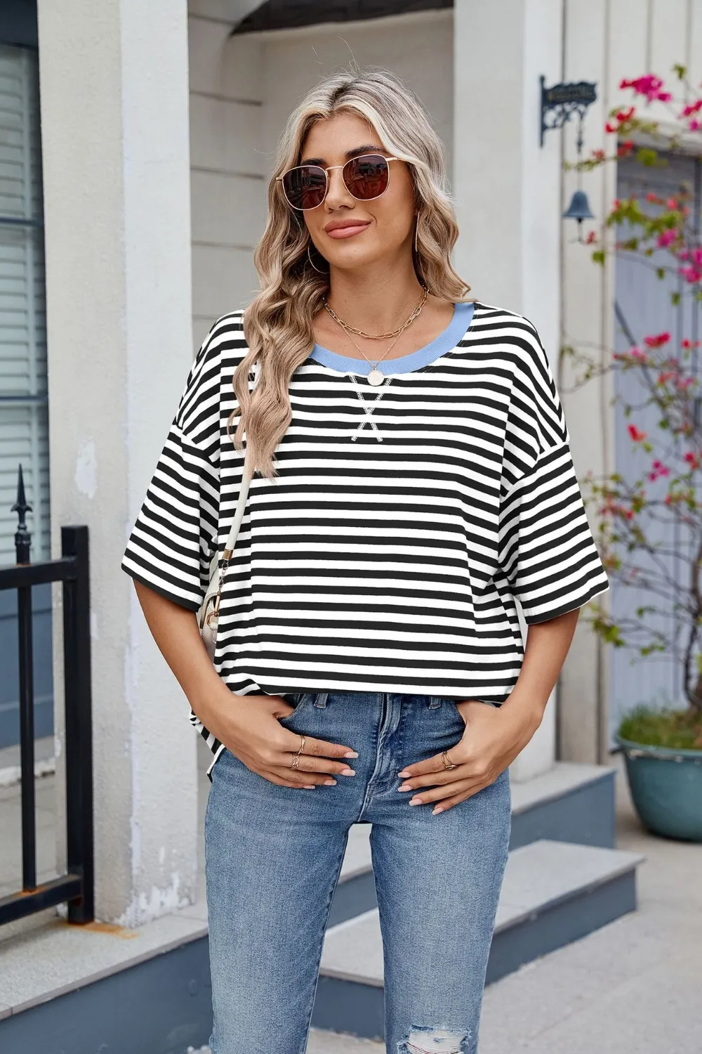 Contrast Striped Round Neck Half Sleeve T-Shirt, image 7