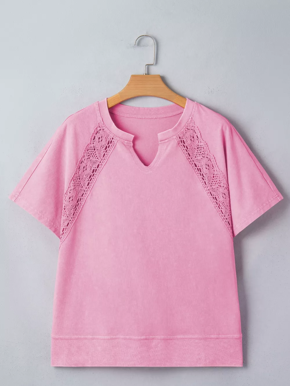 Raw Cut Notched Neck Lace Patchwork Detail Mineral Wash Tee, image 3