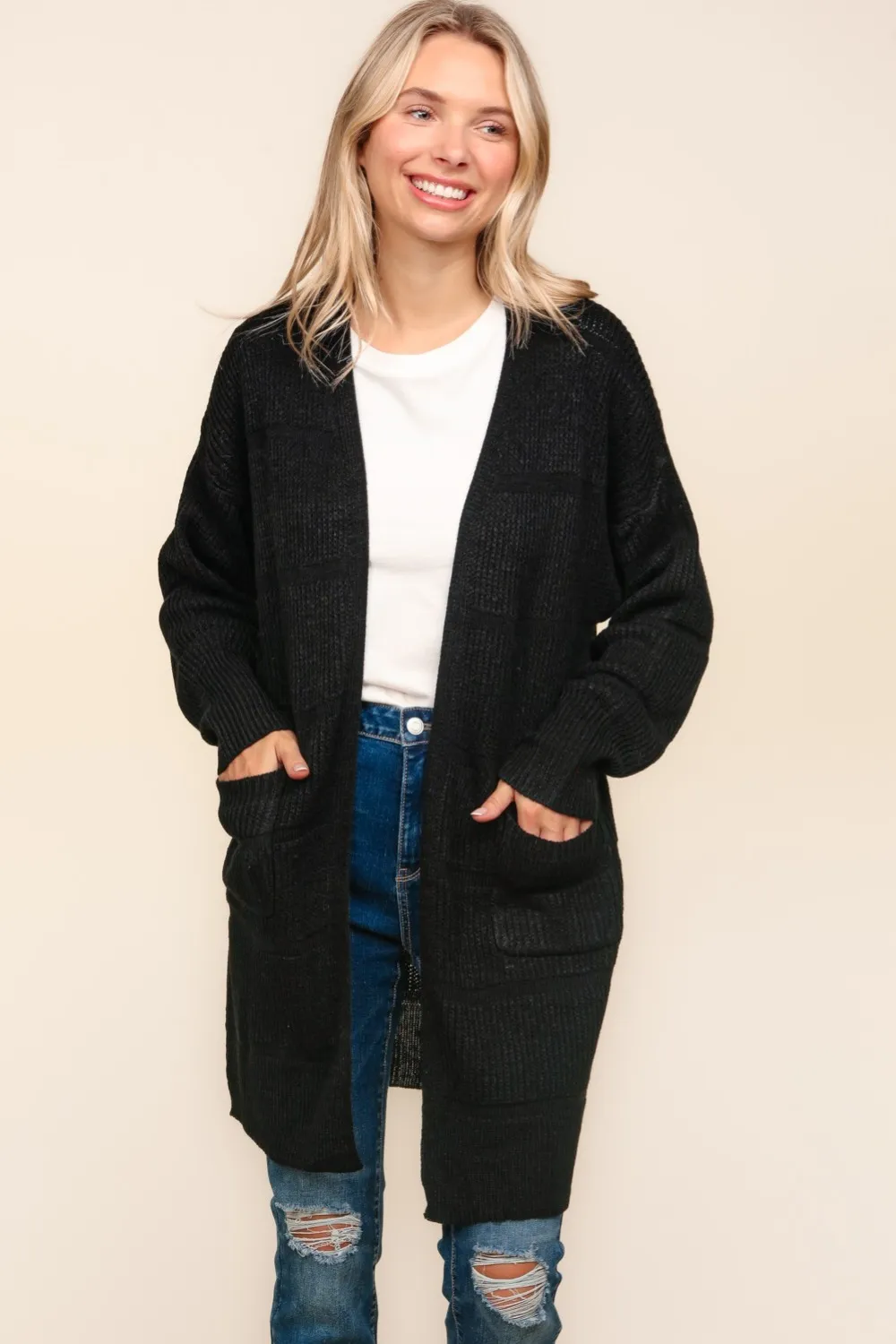 Stripe Textured Open Front Cardigan with Pockets, image 2