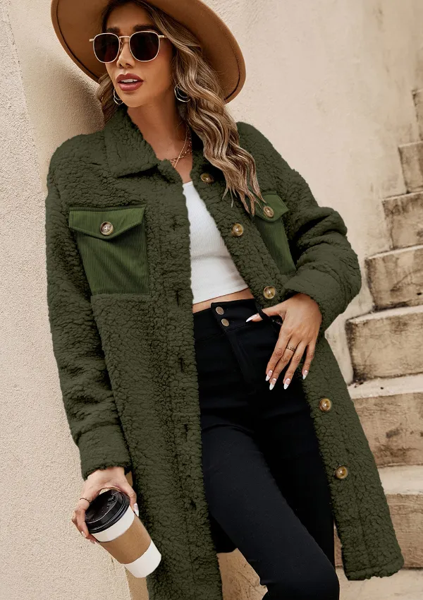 Collared Neck Long Sleeve Longline Teddy Jacket, image 5