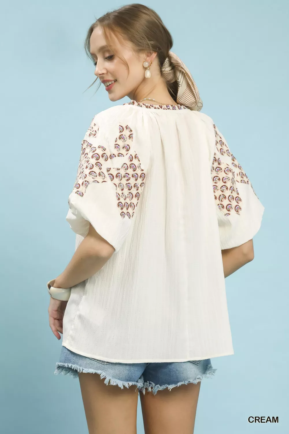 Embroidered Sleeve Contrast Trim Top, image 2