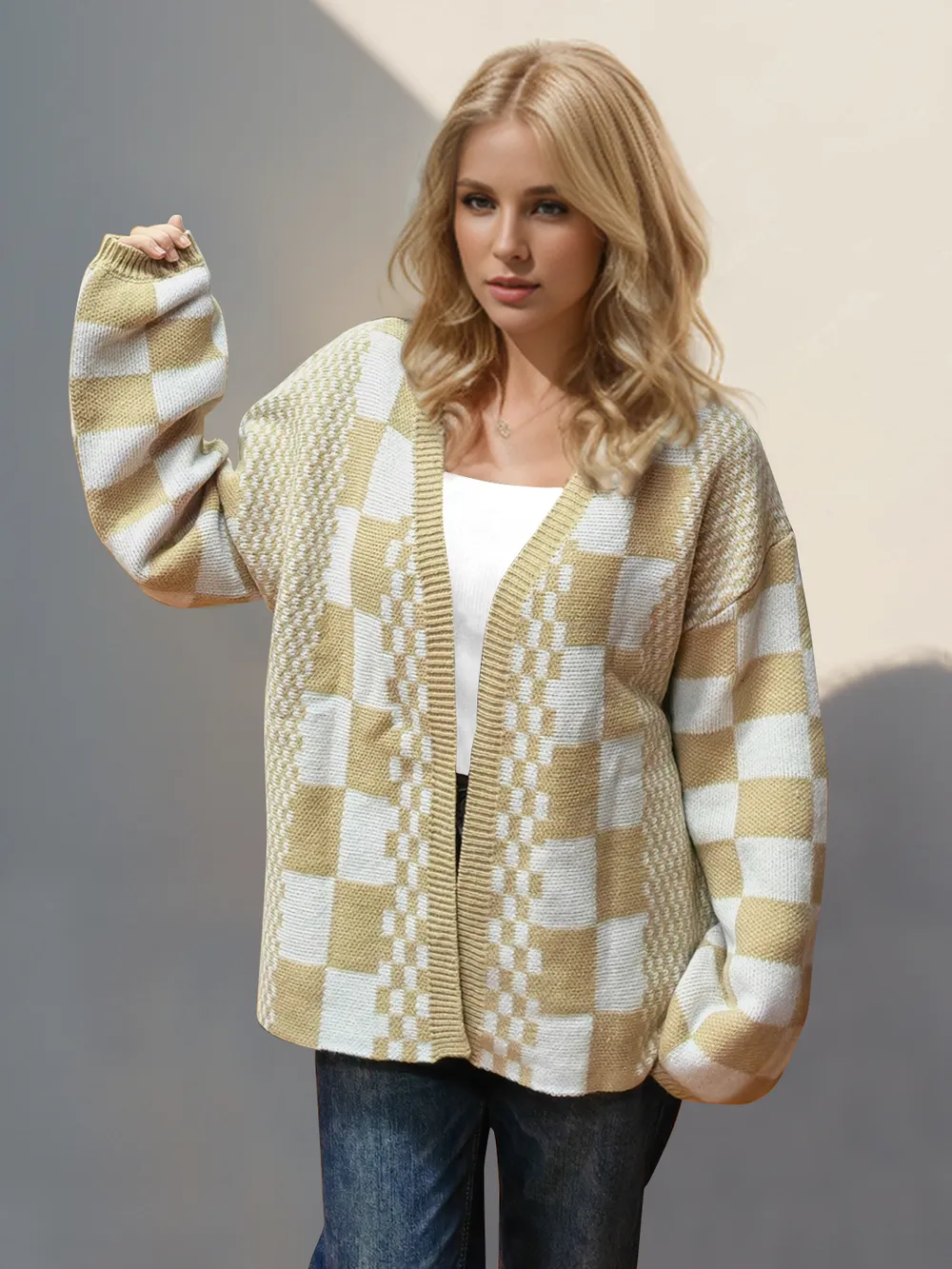 Checkered Open Front Dropped Shoulder Cardigan, image 2