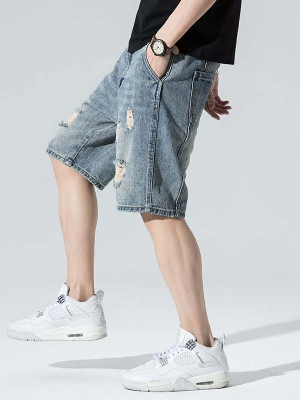 Men's Distressed Wide Leg Denim Shorts, image 3