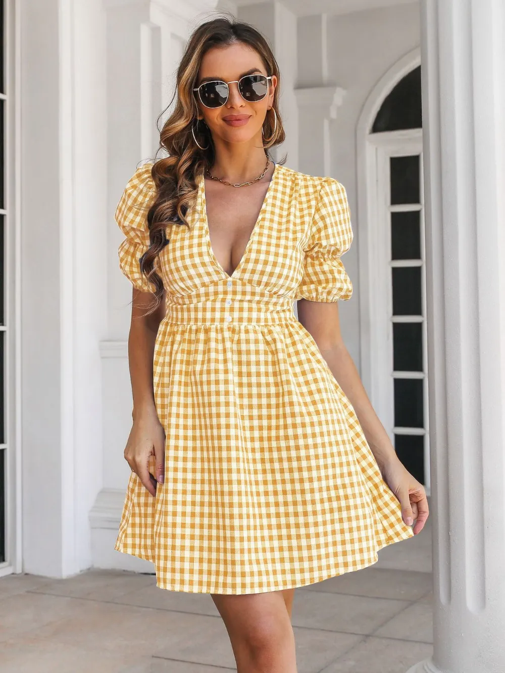 Decorative Button Plaid Short Sleeve Dress, image 2