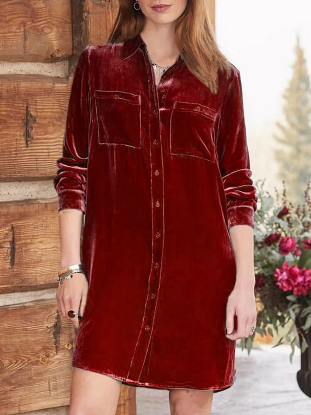 High-Low Button Up Long Sleeve Knee Length Dress, image 9