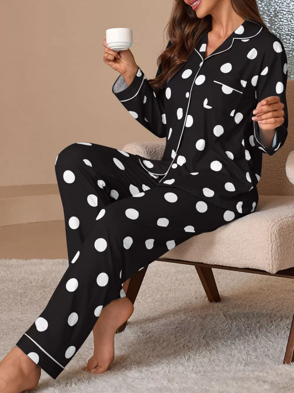 Polka Dot Button-Down Top and Pants Lounge Set, image 11