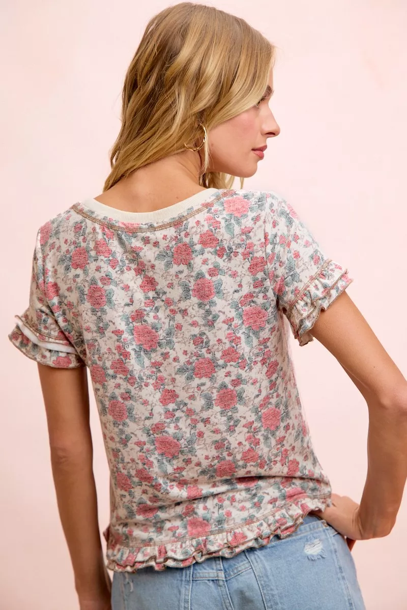 BiBi Rose Printed Slub Knit Ruffled Sleeves Top, image 3