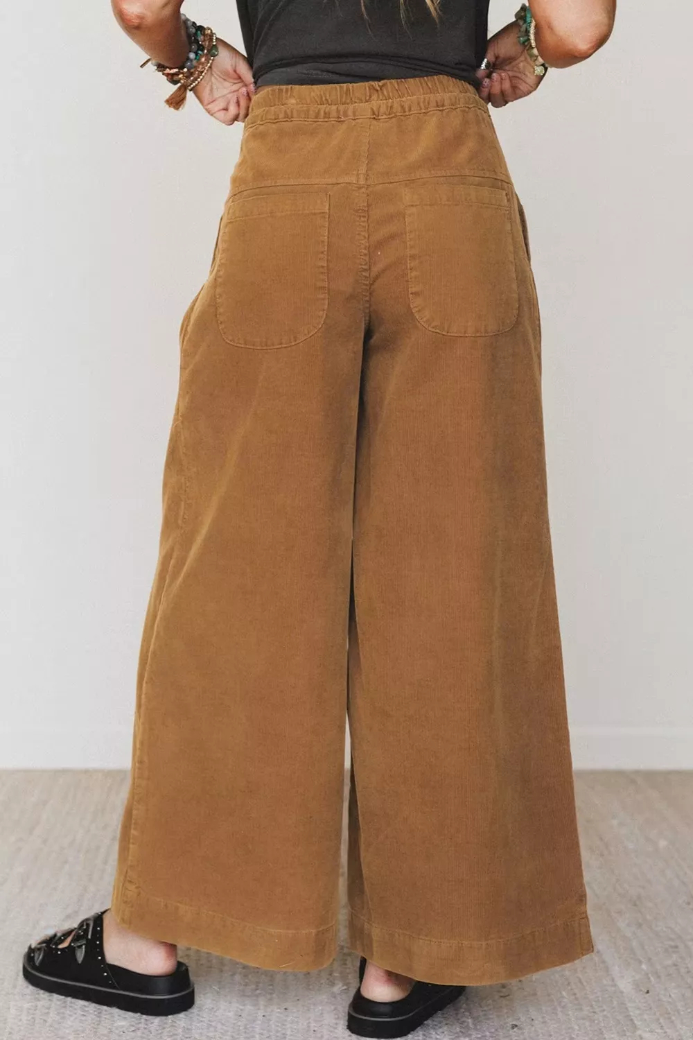 Elastic Waist Wooden Button Placket Ankle Length Wide Leg Pants, image 2
