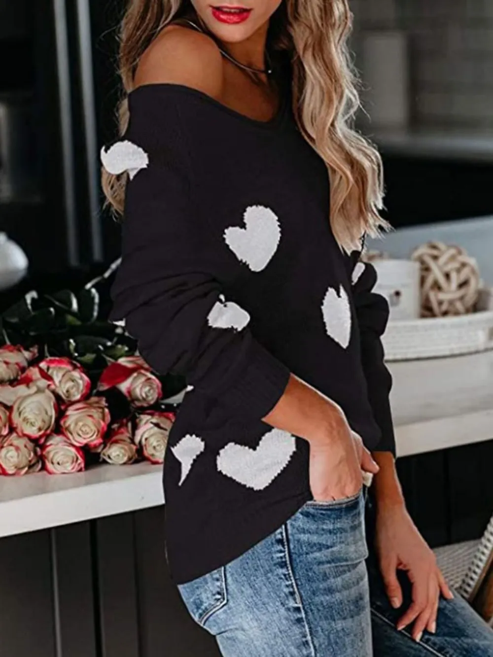 Heart Scoop Neck Long Sleeve Sweater, image 3