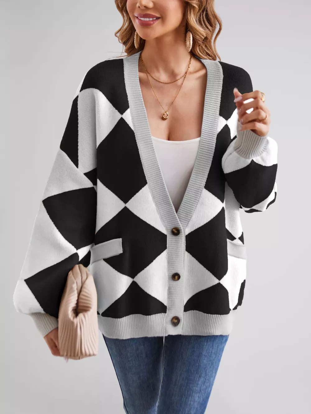 Diamond Pattern Button-Up Knit Cardigan, image 17
