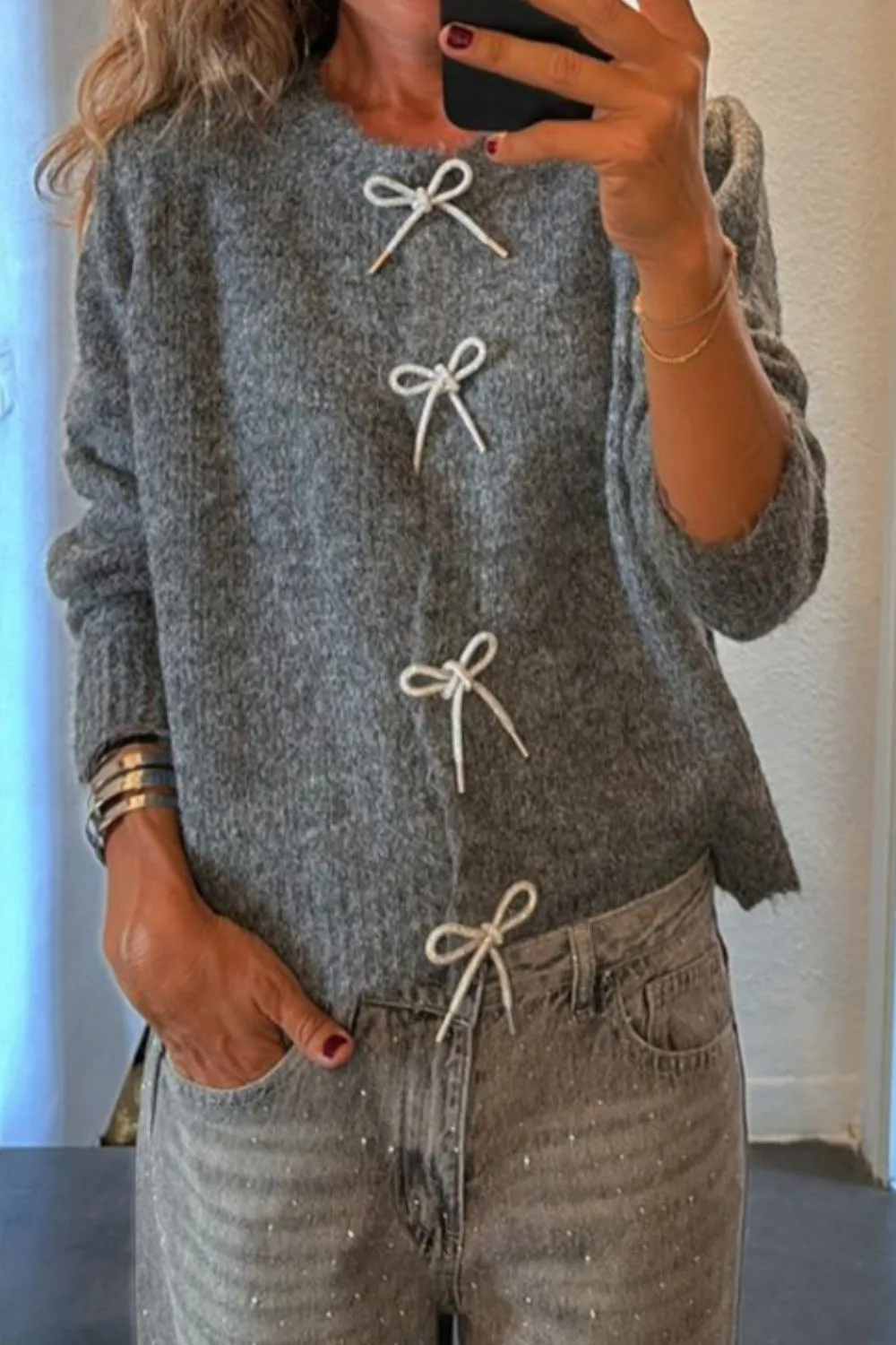 Bow Round Neck Long Sleeve Cardigan, image 3