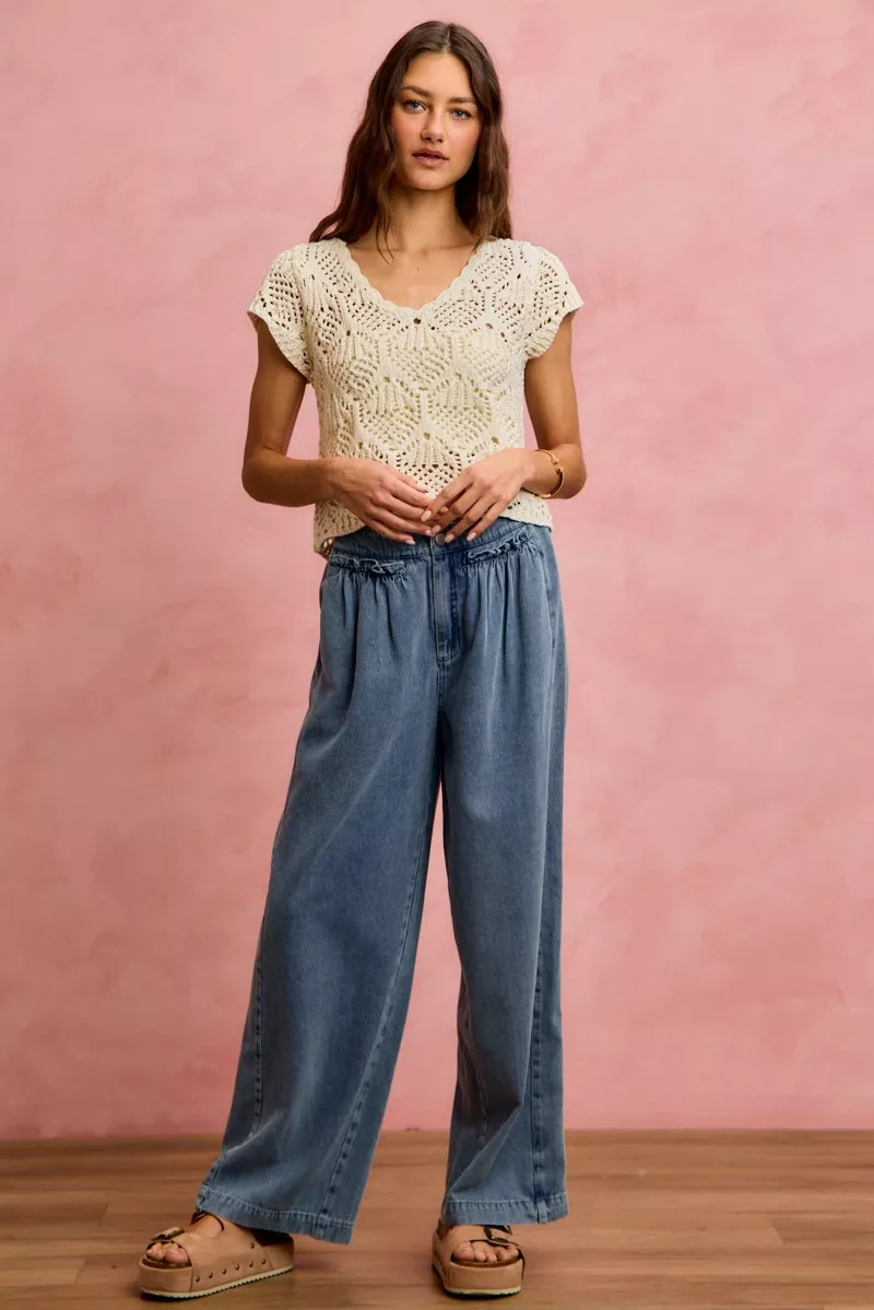 Mid Rise Ruffled Front Elastic Wide Leg Jeans, image 6