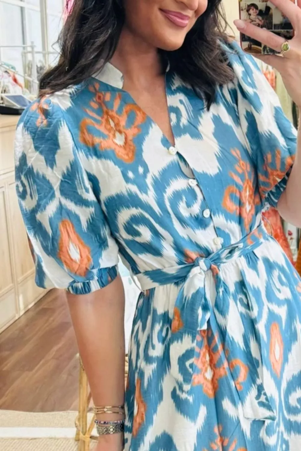 Floral Print Short Puff Sleeve Button Down Ruffle Hem Midi Dress, image 2