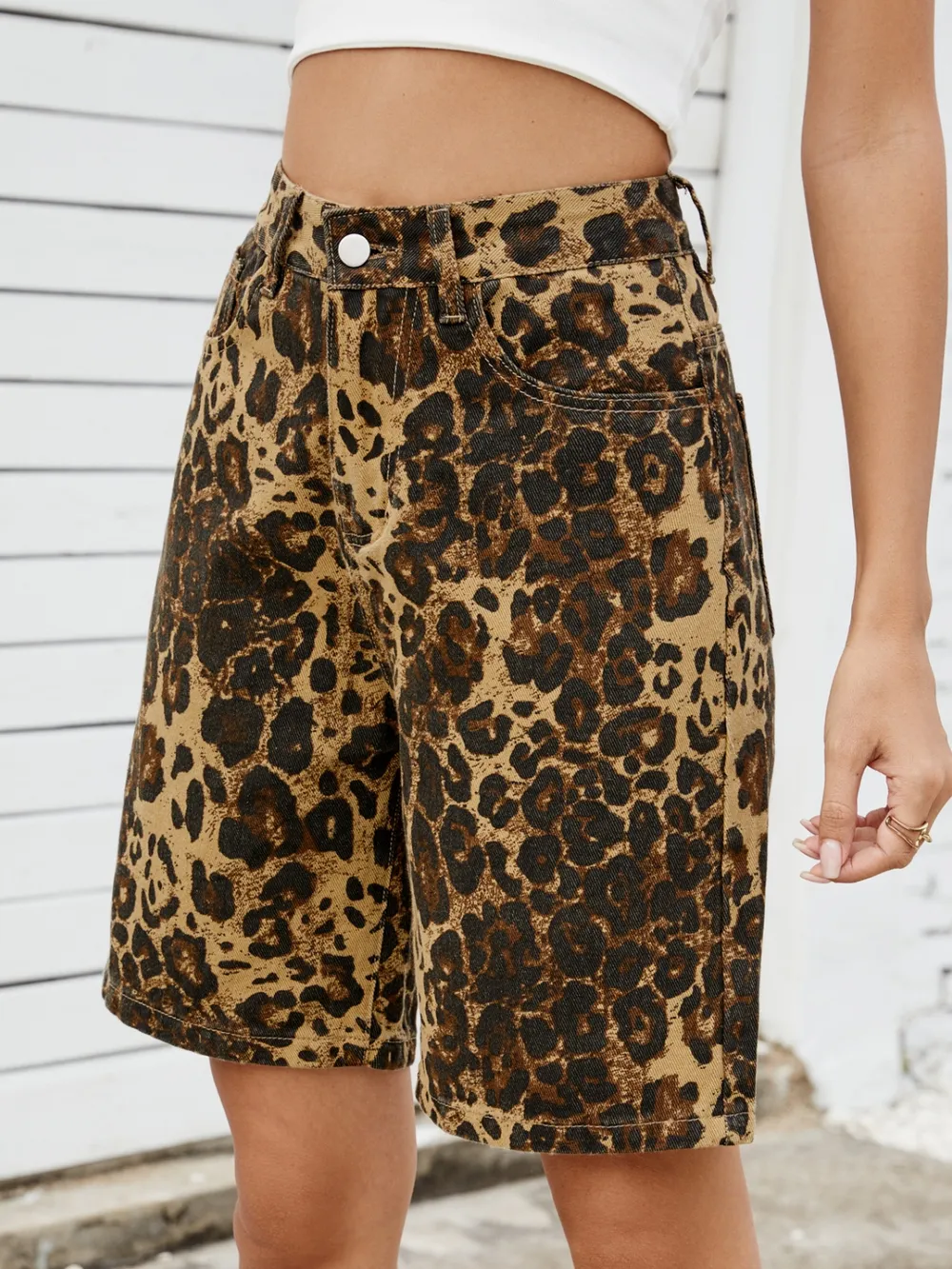 Leopard High Waist Denim Shorts, image 2
