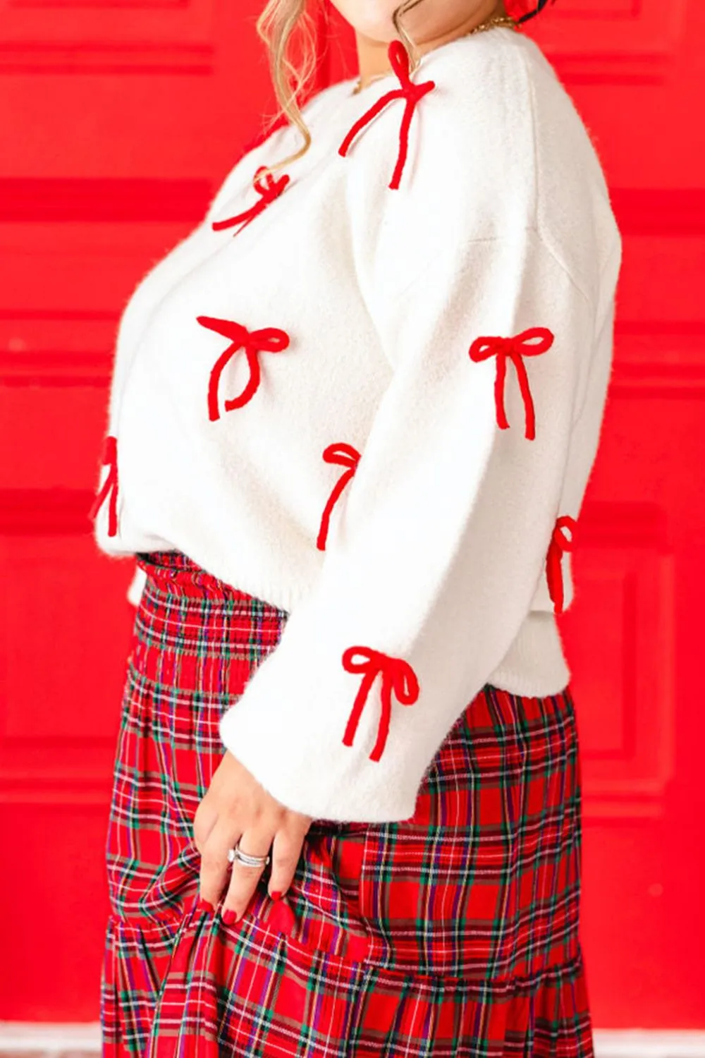 Bow Trim Round Neck Long Sleeve Sweater, image 3