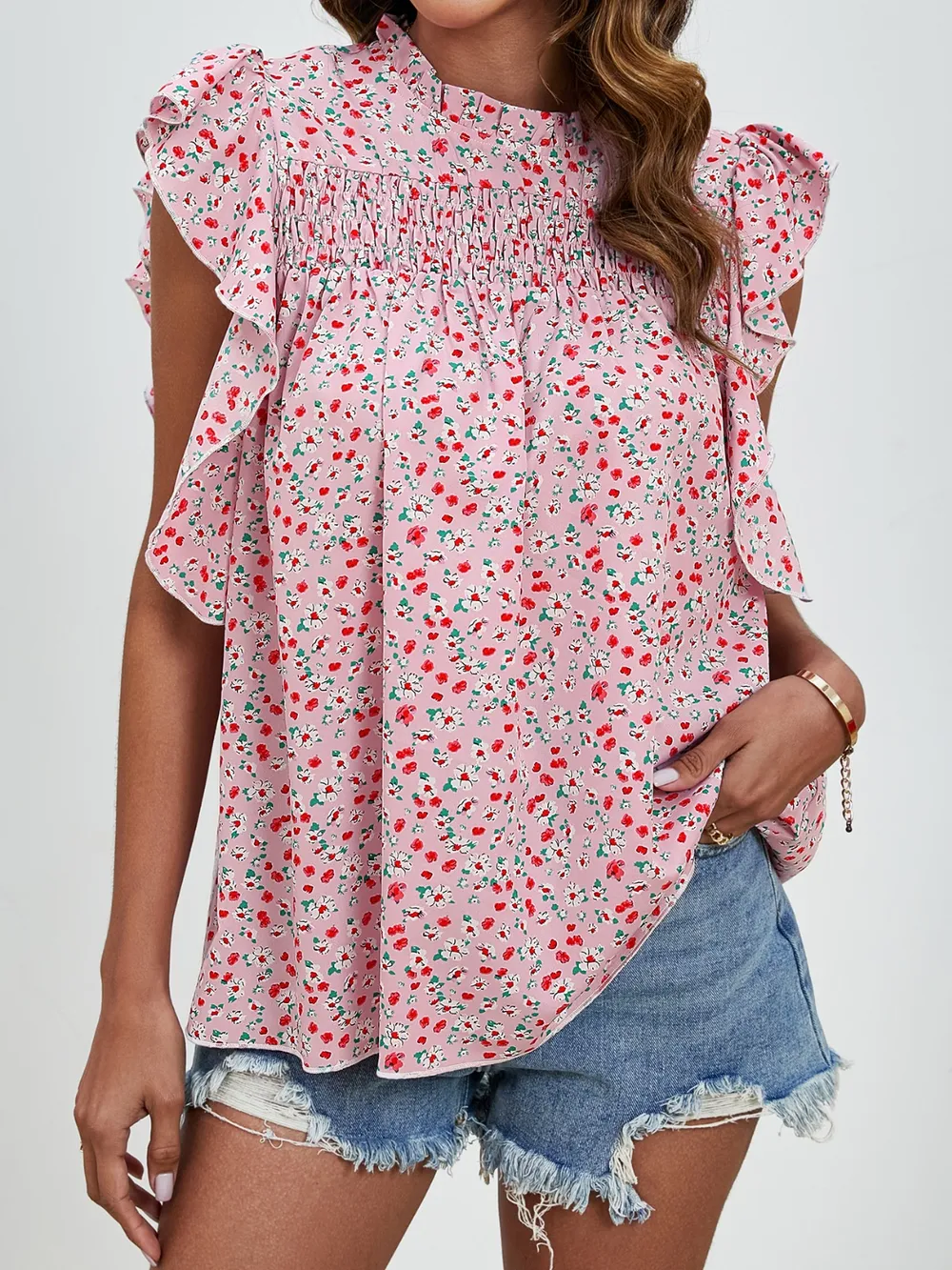 Ruffled Ditsy Floral Mock Neck Cap Sleeve Blouse, image 3