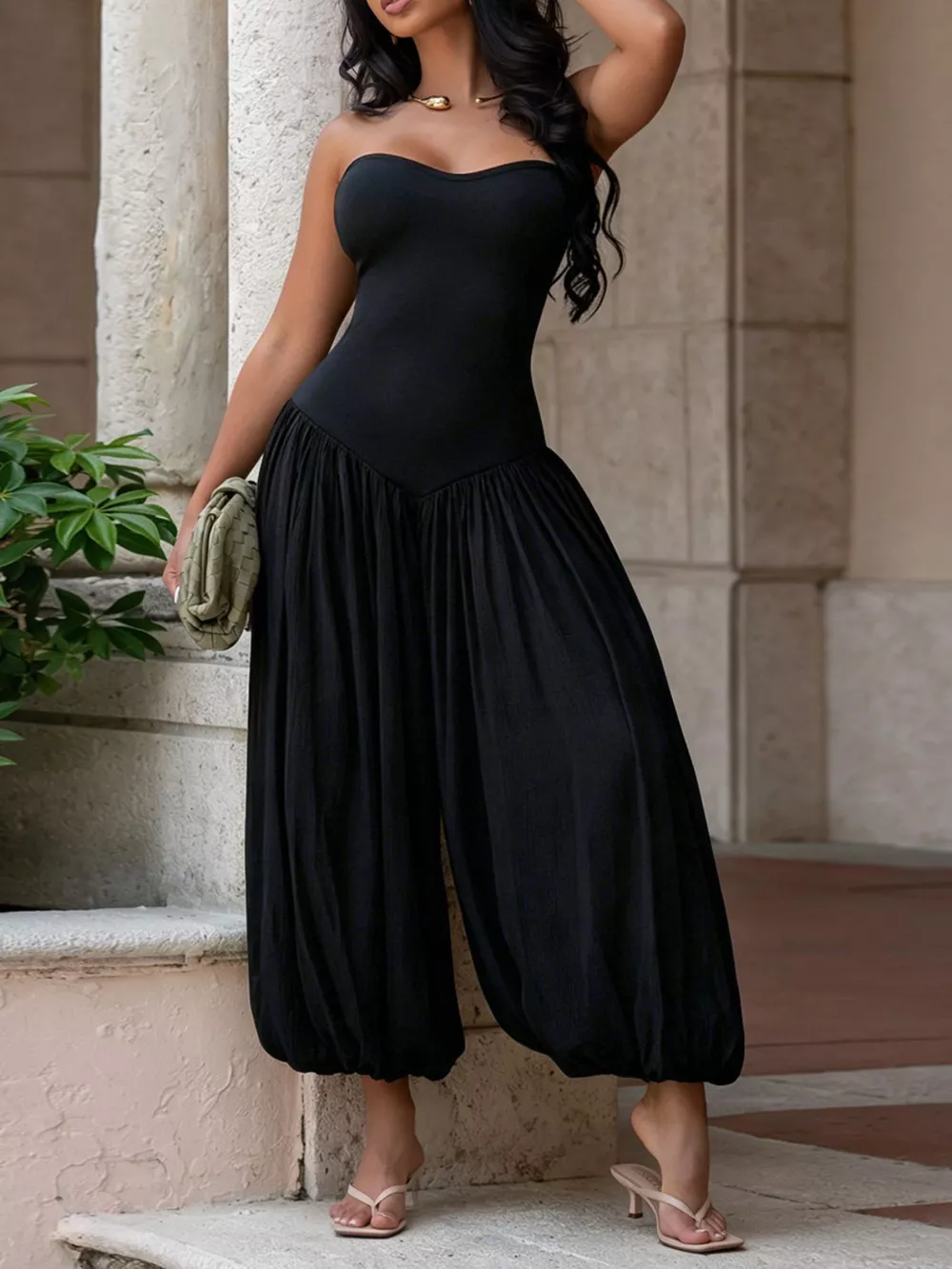 Strapless Ruched Wide-Leg Jumpsuit