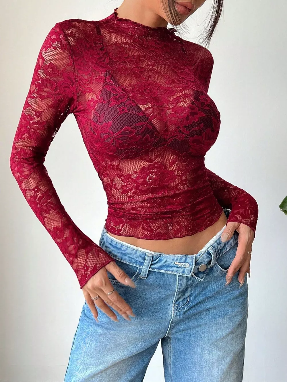 Elegant Floral Lace Long Sleeve Top, image 2