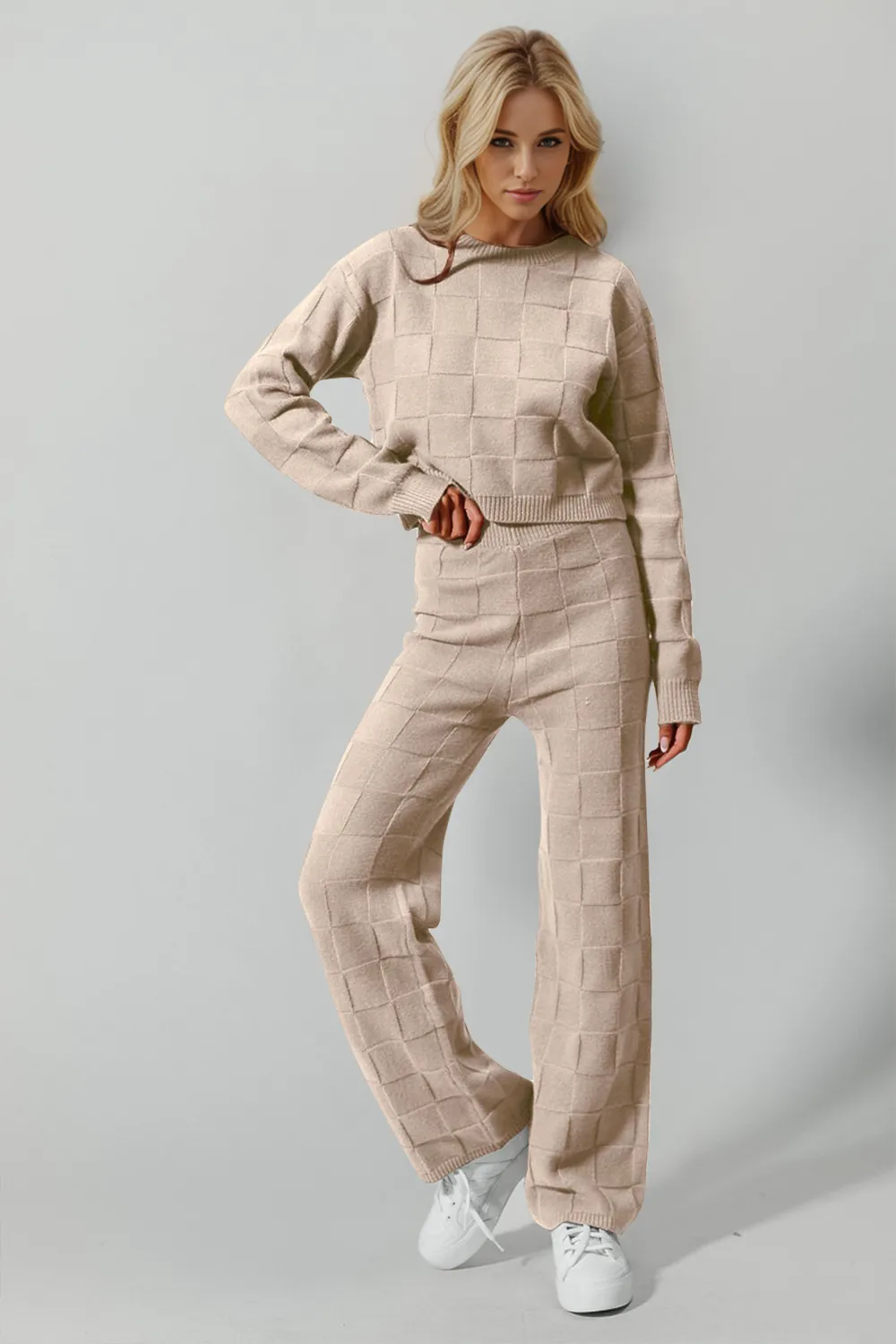 Full Size Checkered Round Neck Top and Pants Set, image 2