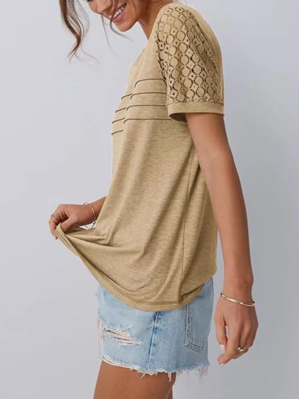 Lace Short Sleeve Round Neck T-Shirt, image 4