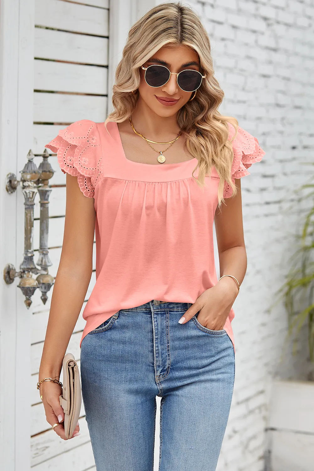 Eyelet Square Neck Cap Sleeve Blouse, image 16