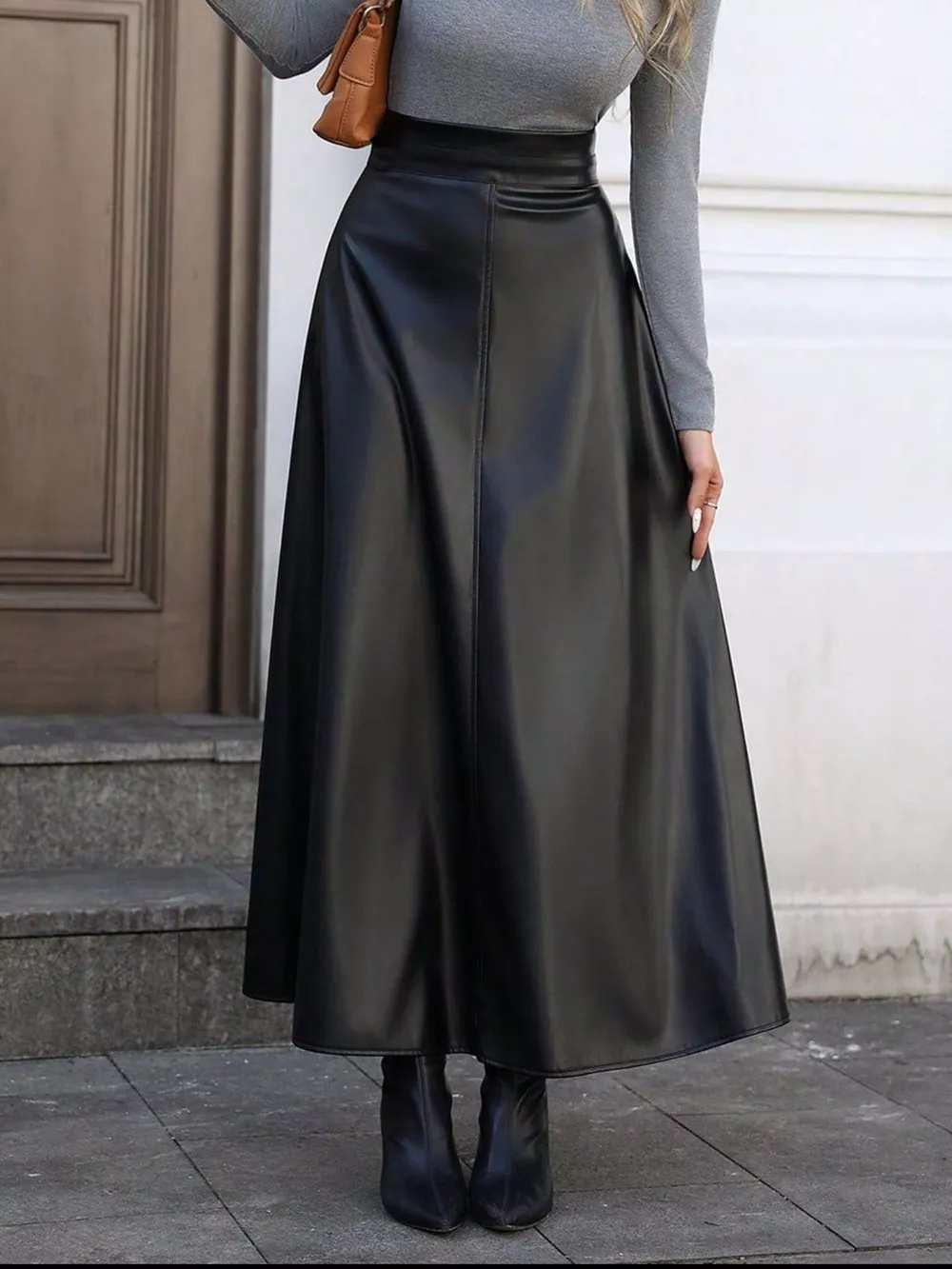 Leather A-Line Midi Skirt, image 3