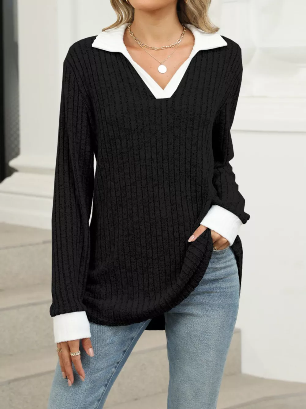 Ribbed Knit Long Sleeve T-Shirt, image 12