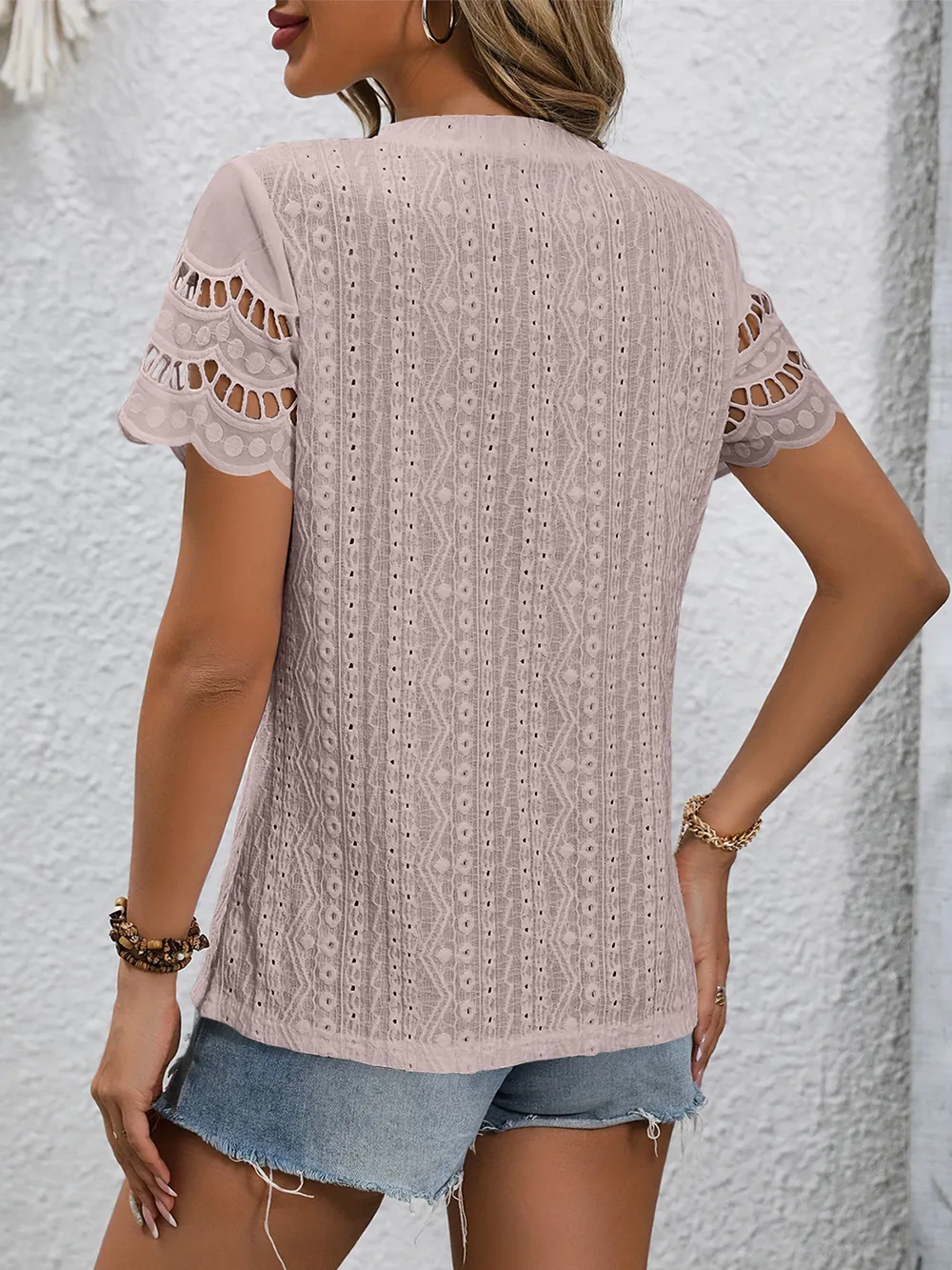 Full Size Eyelet Round Neck Short Sleeve Top, image 4