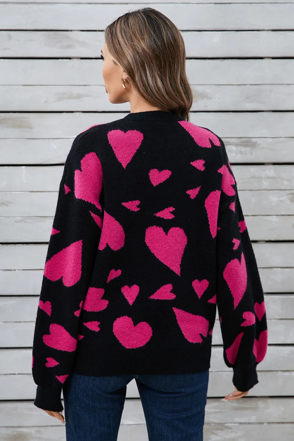 Heart Contrast Round Neck Long Sleeve Sweater, image 5