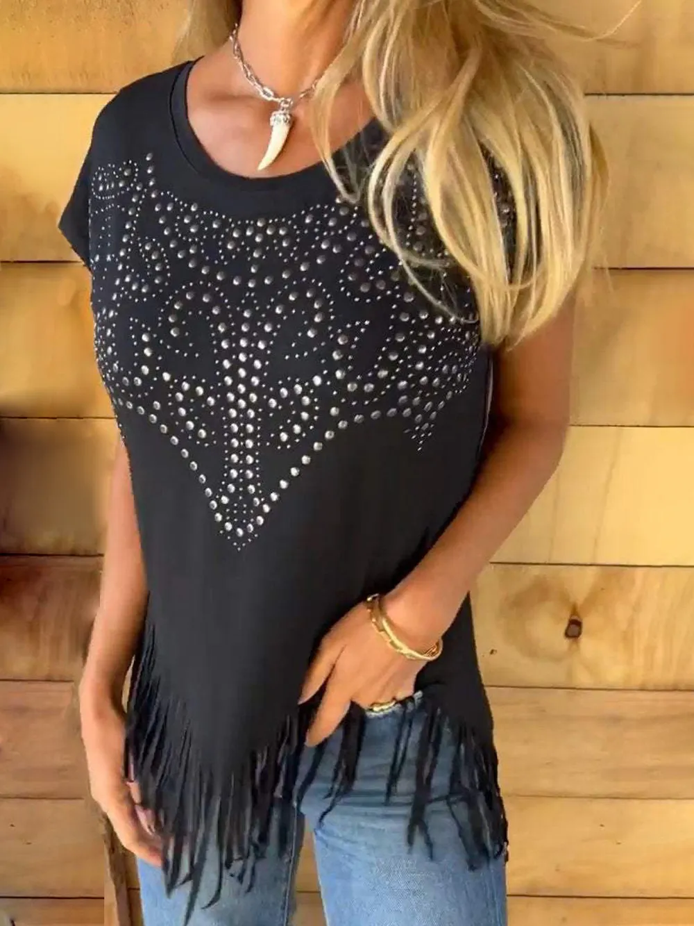 Studded Fringe Round Neck Cap Sleeve T-Shirt, image 2