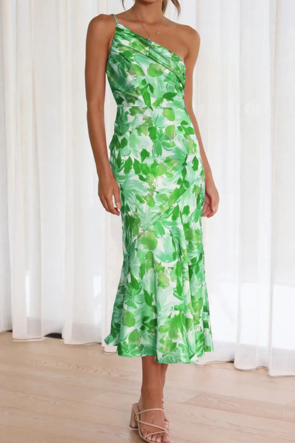 Ruched Printed Single Shoulder Midi Dress, image 3